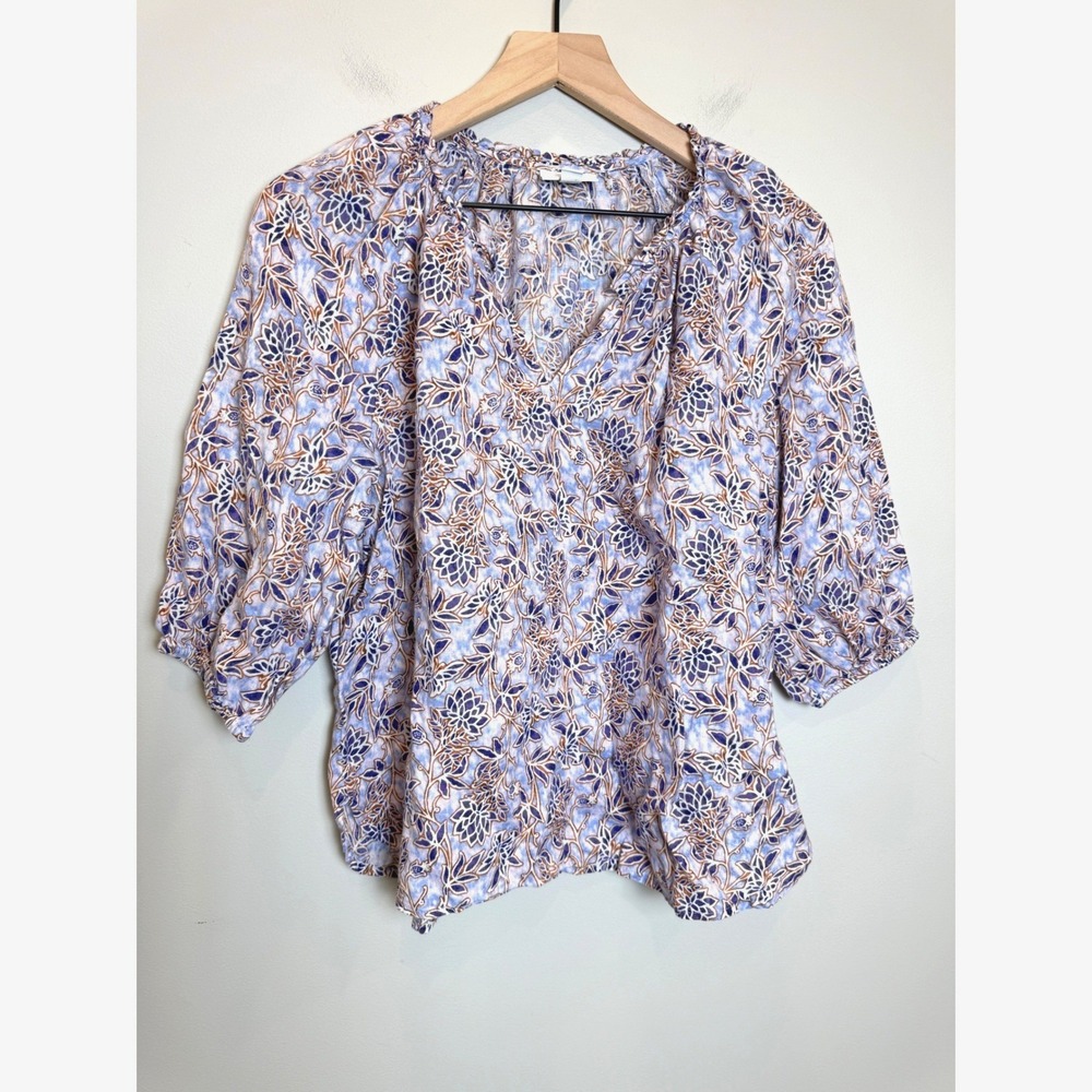 J. Jill Love Linen 100% Linen Popover Tunic Top 3/4 Sleeve Blue Purple Floral S